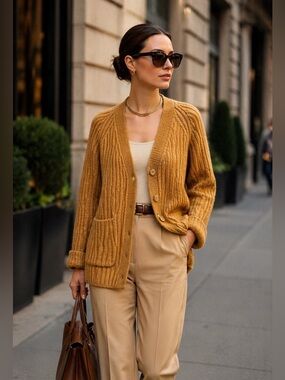 VINCE Alpaca-Wool Ribbed Cardigan Sweater Pockets In Gold Ochre XL